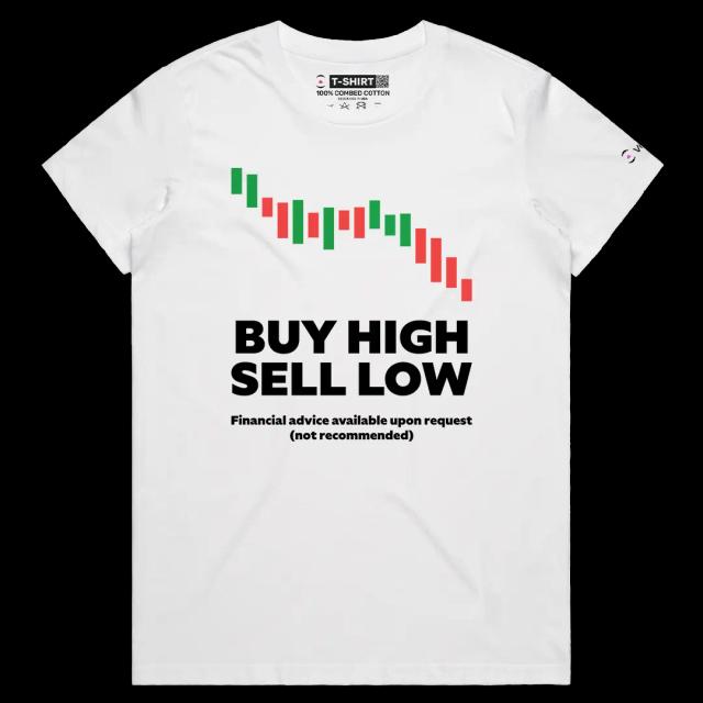 VOICEART White Female Regular Buy High Sell Low Funny Graphic Tee with Wordplay Design Short Sleeve Combed Cotton T-Shirt v2