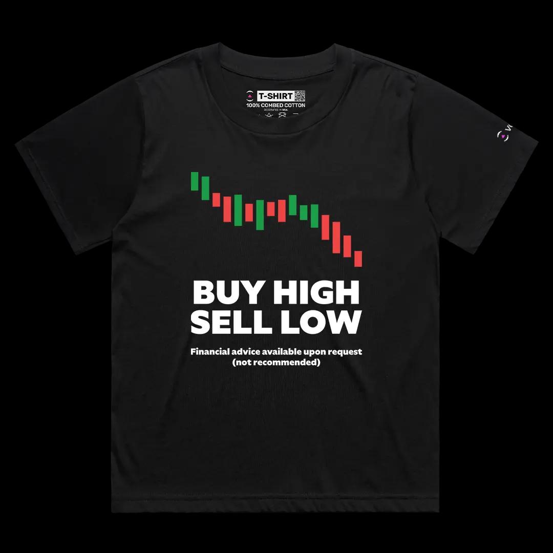 VOICEART Black Female Loose Buy High Sell Low Funny Graphic Tee with Wordplay Design Short Sleeve Combed Cotton T-Shirt v2