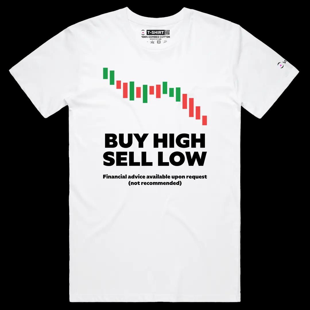 VOICEART White Male Regular Buy High Sell Low Funny Graphic Tee with Wordplay Design Short Sleeve Combed Cotton T-Shirt v2