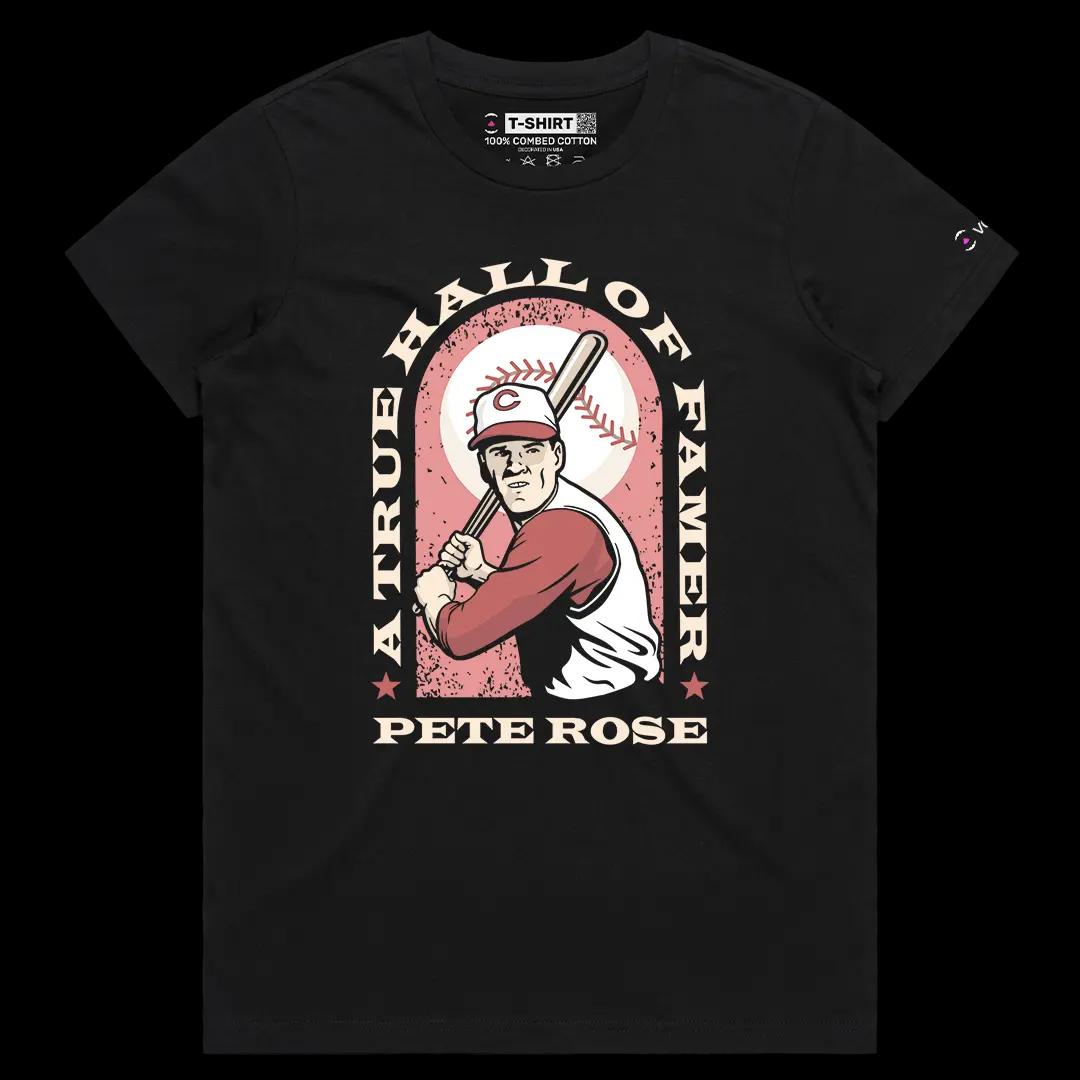VOICEART Black Female Regular Pete Rose Hall of Famer Sports Tee for Baseball Fans Short Cotton T-Shirt for Men and Women
