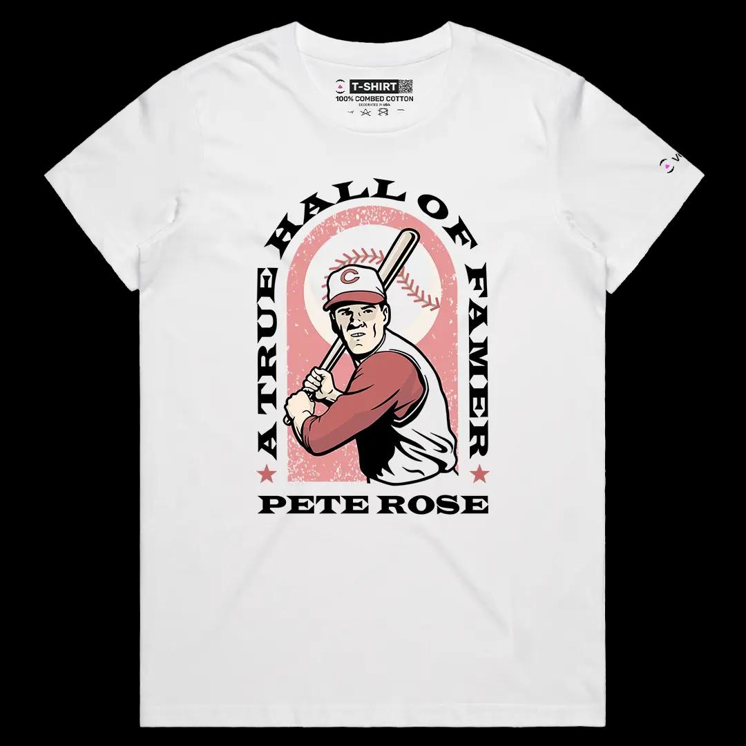 VOICEART White Female Regular Pete Rose Hall of Famer Sports Tee for Baseball Fans Short Cotton T-Shirt for Men and Women