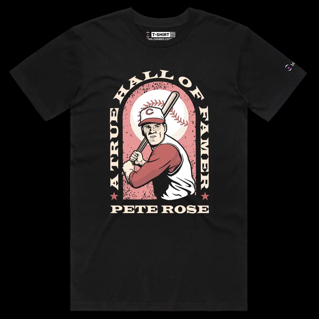 VOICEART Black Male Regular Pete Rose Hall of Famer Sports Tee for Baseball Fans Short Cotton T-Shirt for Men and Women