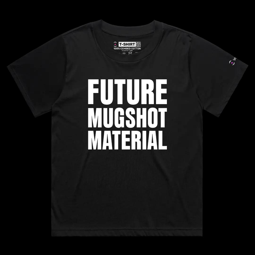 VOICEART Black Female Loose Future Mugshot Materia Funny Graphic Meme Tee with Sarcastic Joke Short Sleeve Cotton T-Shirt