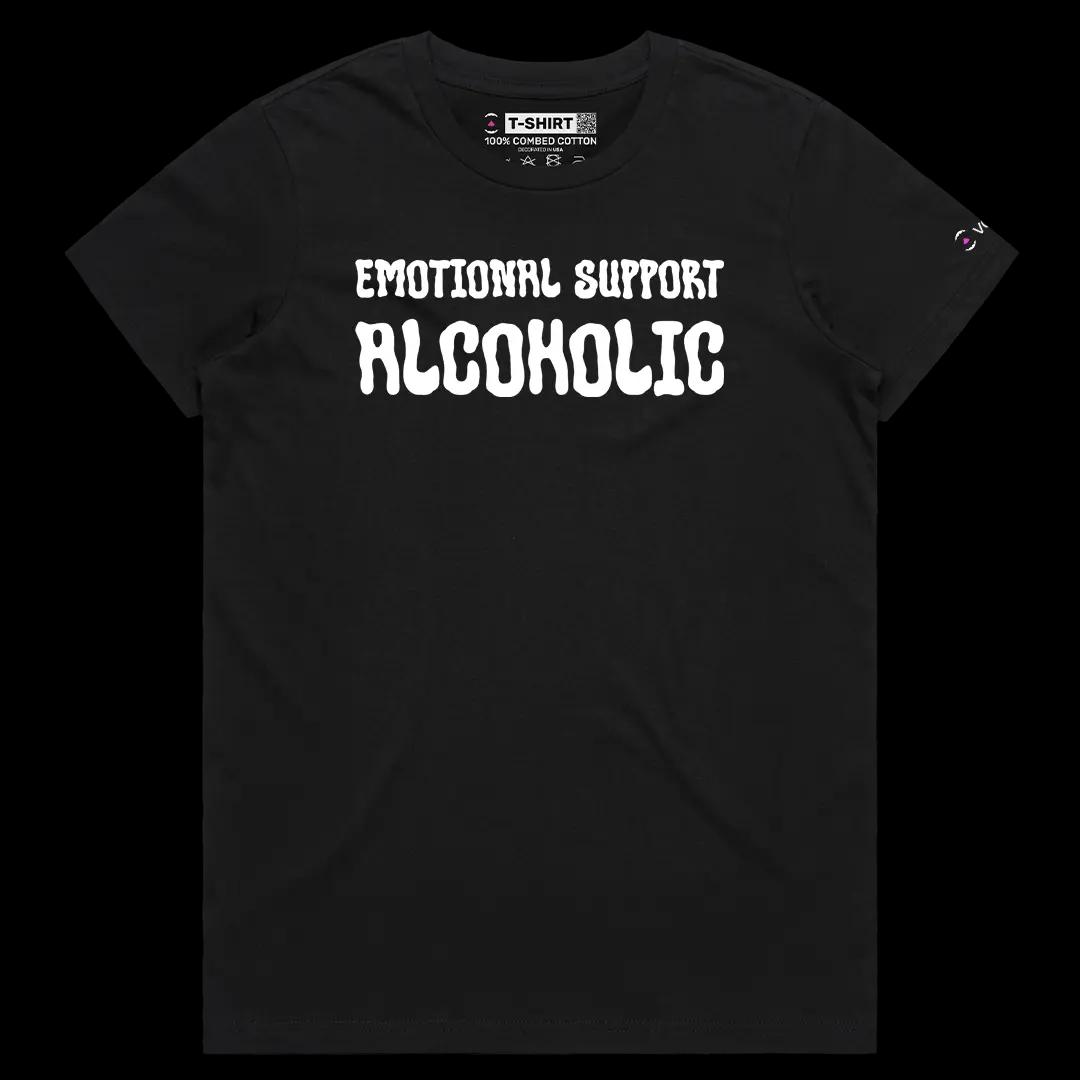 VOICEART Black Female Regular Emotional Support Alcoholic Funny Meme Tee with Sarcastic Joke Short Sleeve Cotton T-Shirt