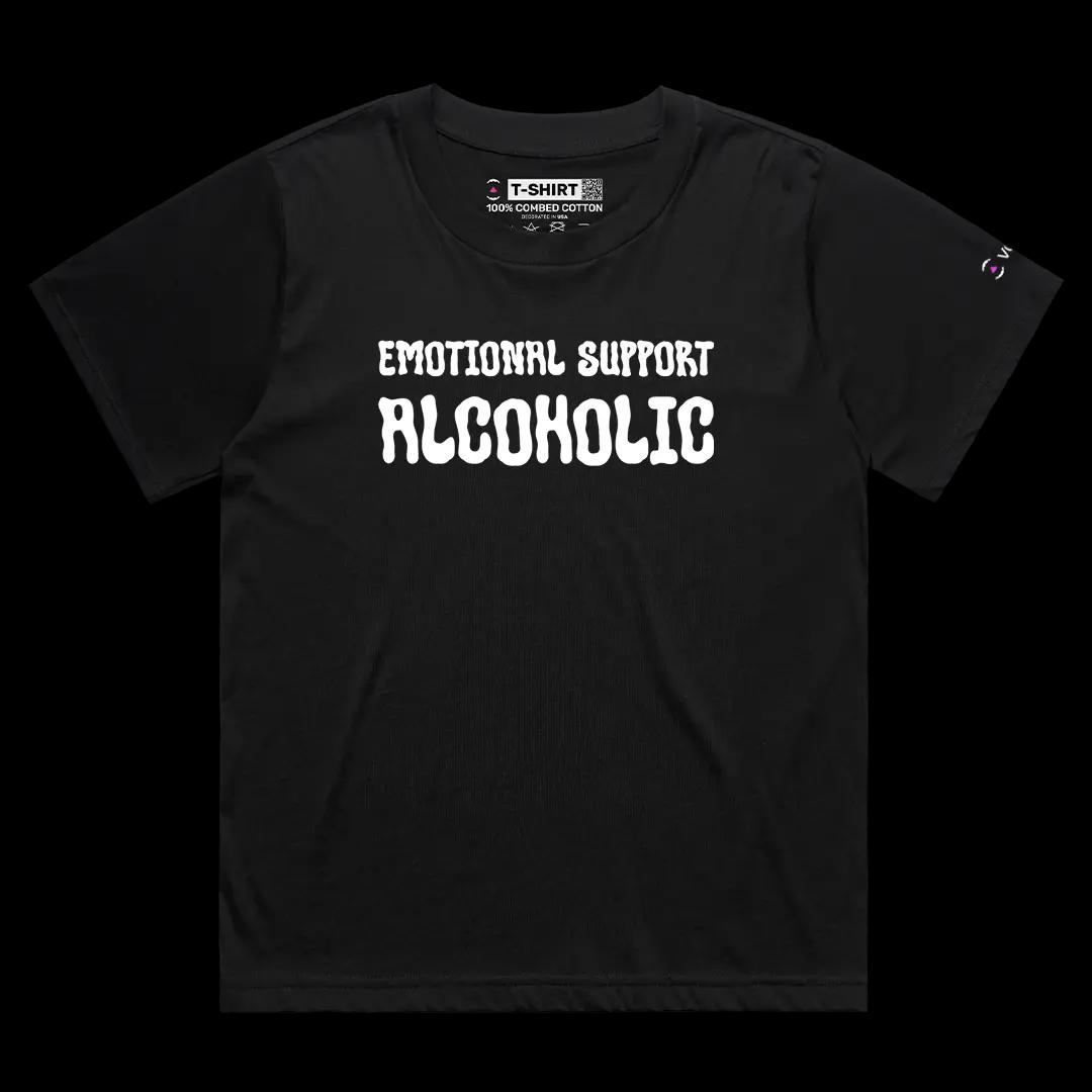 VOICEART Black Female Loose Emotional Support Alcoholic Funny Meme Tee with Sarcastic Joke Short Sleeve Cotton T-Shirt