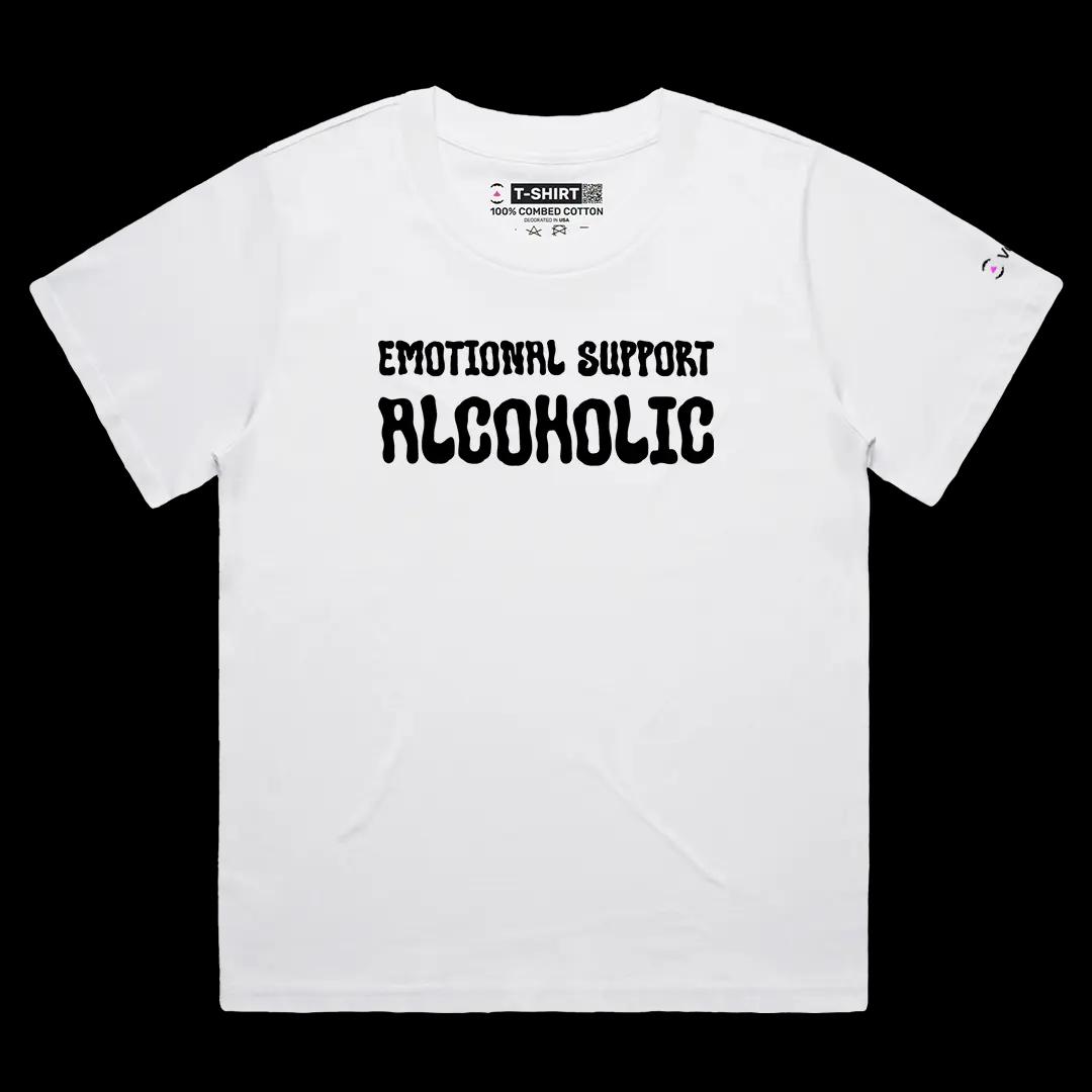 VOICEART White Female Loose Emotional Support Alcoholic Funny Meme Tee with Sarcastic Joke Short Sleeve Cotton T-Shirt