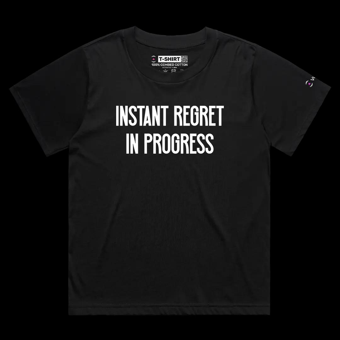 VOICEART Black Female Loose Instant Regret In Progress Funny Graphic Meme Tee Sarcastic Joke T-Shirt for Men and Women