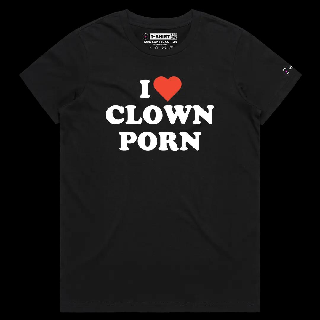 VOICEART Black Female Regular I Love Clown Porn Funny Graphic Meme Tee with Dark Humor Short Sleeve Cotton T-Shirt