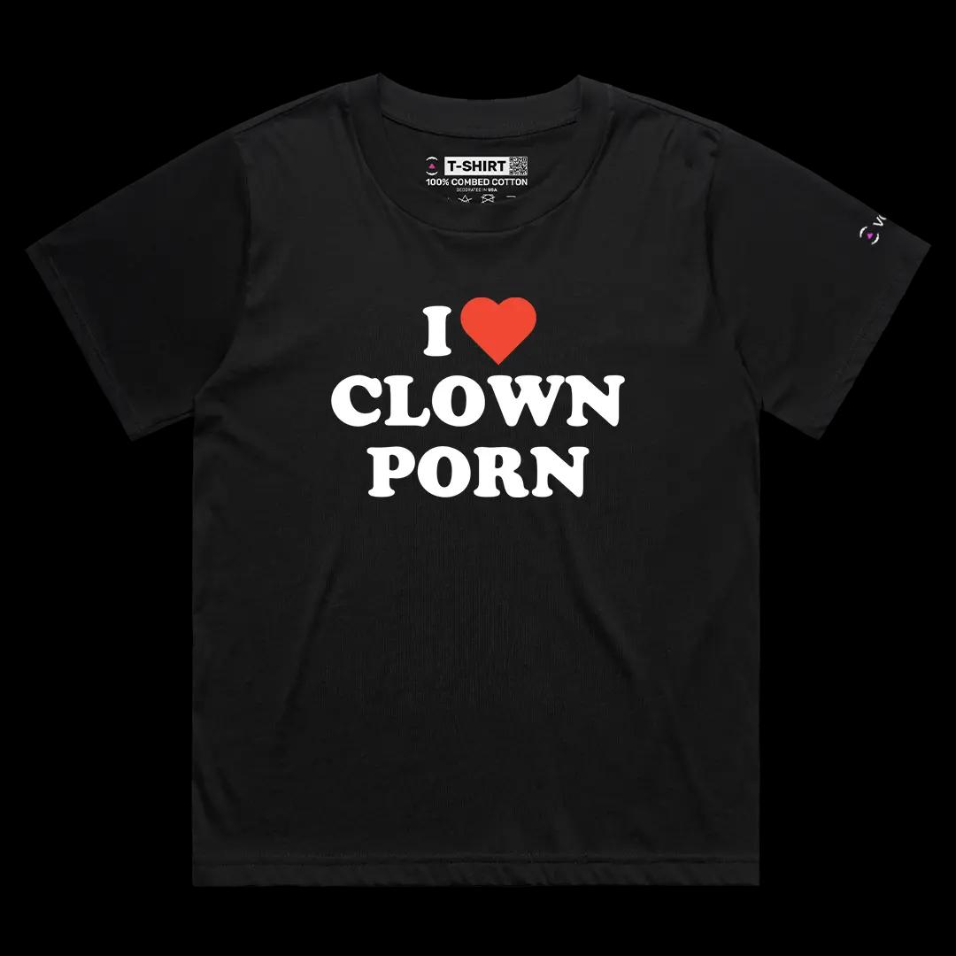 VOICEART Black Female Loose I Love Clown Porn Funny Graphic Meme Tee with Dark Humor Short Sleeve Cotton T-Shirt
