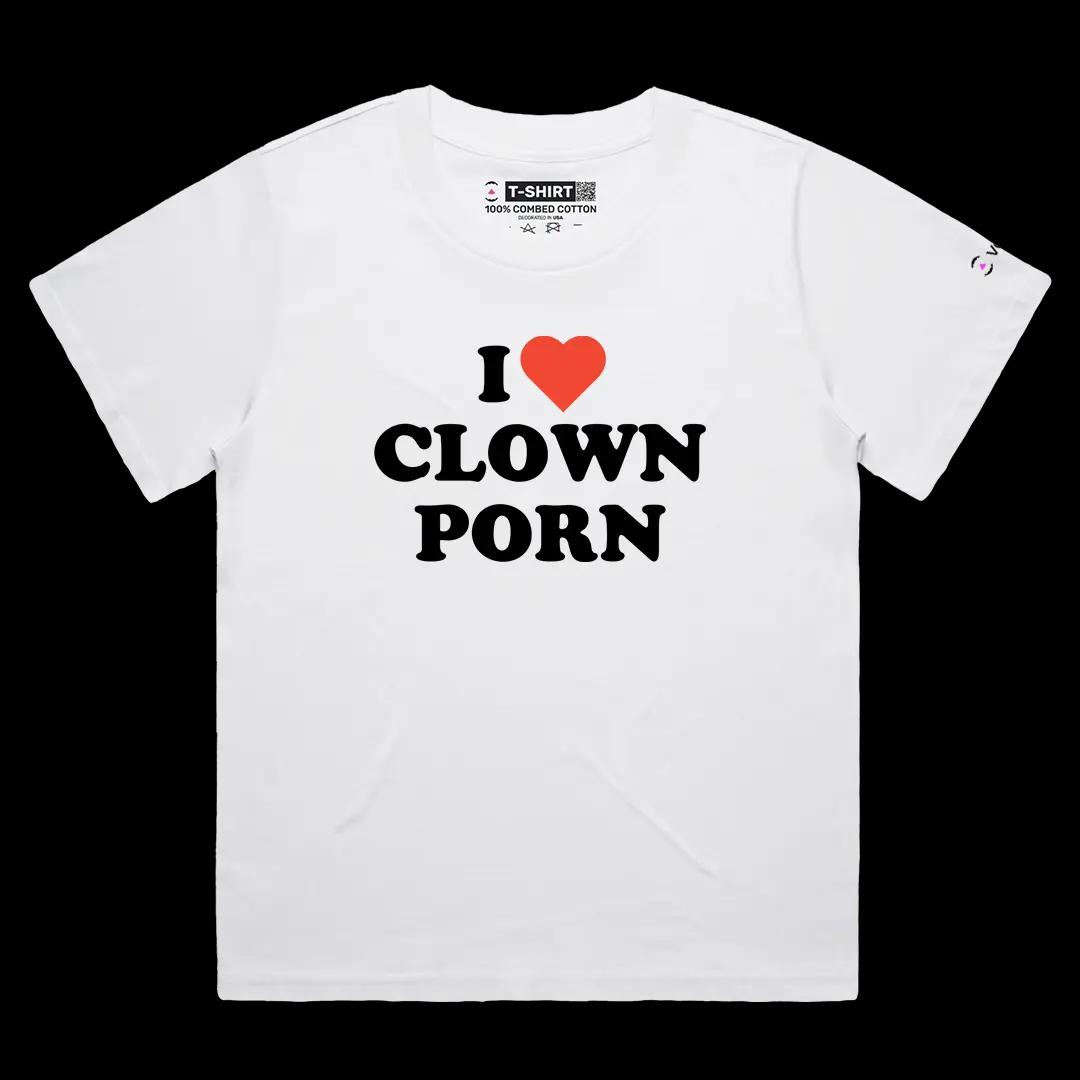 VOICEART White Female Loose I Love Clown Porn Funny Graphic Meme Tee with Dark Humor Short Sleeve Cotton T-Shirt