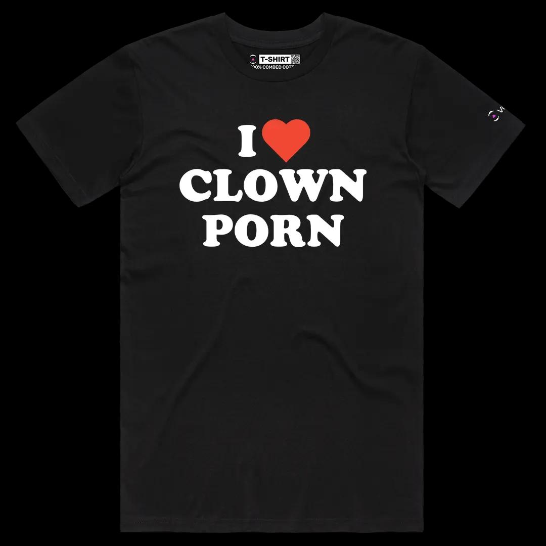 VOICEART Black Male Regular I Love Clown Porn Funny Graphic Meme Tee with Dark Humor Short Sleeve Cotton T-Shirt