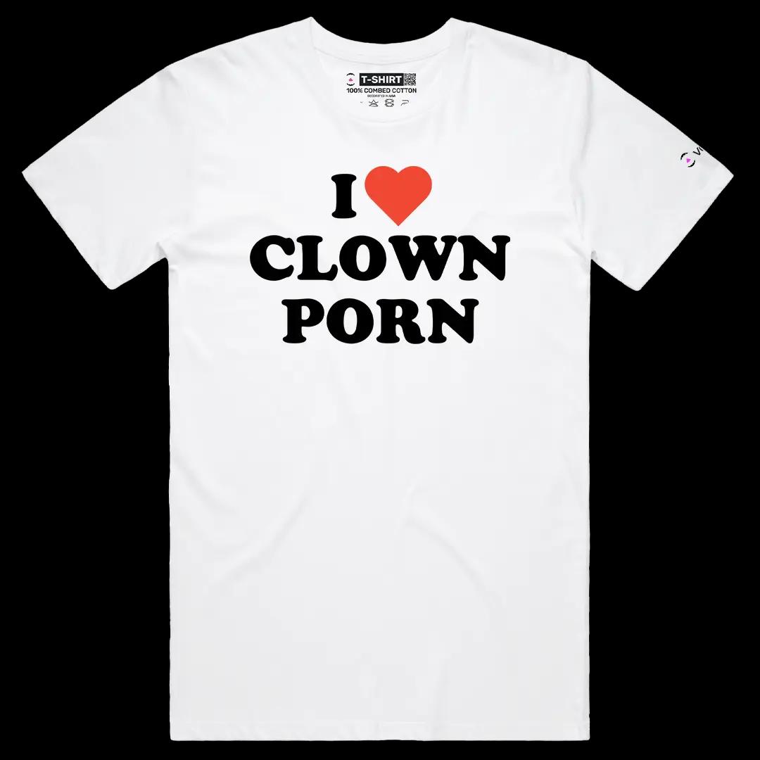 VOICEART White Male Regular I Love Clown Porn Funny Graphic Meme Tee with Dark Humor Short Sleeve Cotton T-Shirt