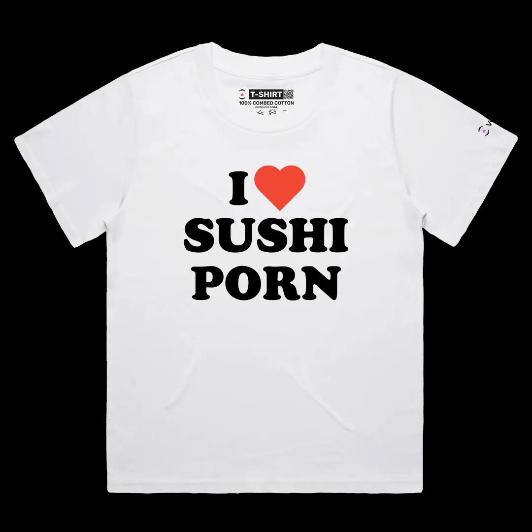 VOICEART White Female Loose I Love Sushi Porn Funny Graphic Meme Tee with Dark Humor Short Sleeve Cotton T-Shirt Men Women