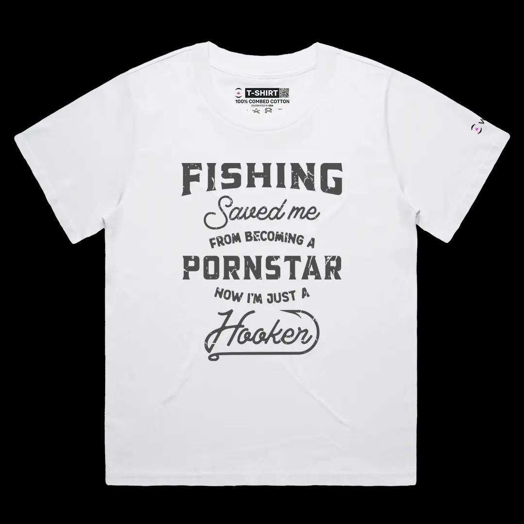 VOICEART White Female Loose Fishing Saved Me Funny Tee with Wordplay Joke Short Sleeve Cotton T-Shirt for Men and Women