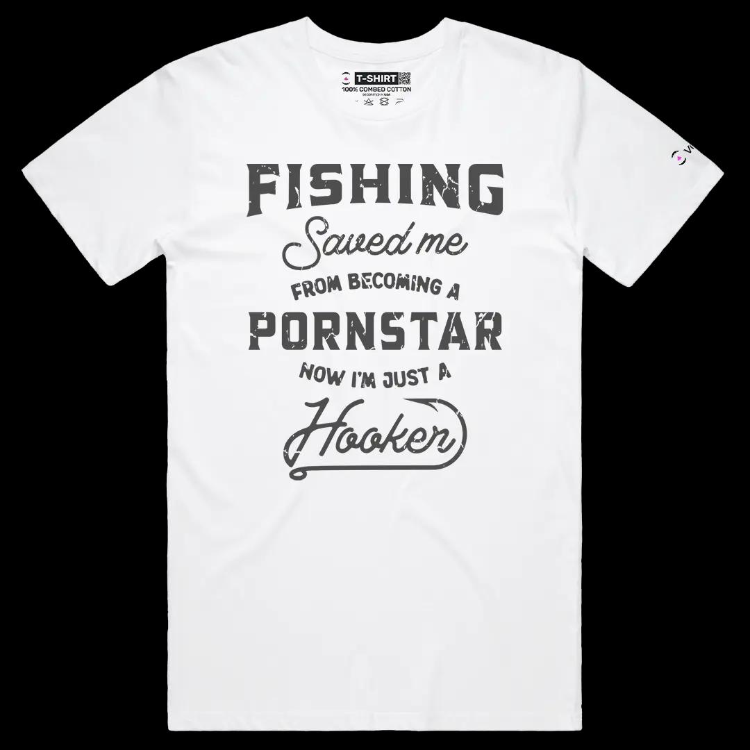 VOICEART White Male Regular Fishing Saved Me Funny Tee with Wordplay Joke Short Sleeve Cotton T-Shirt for Men and Women