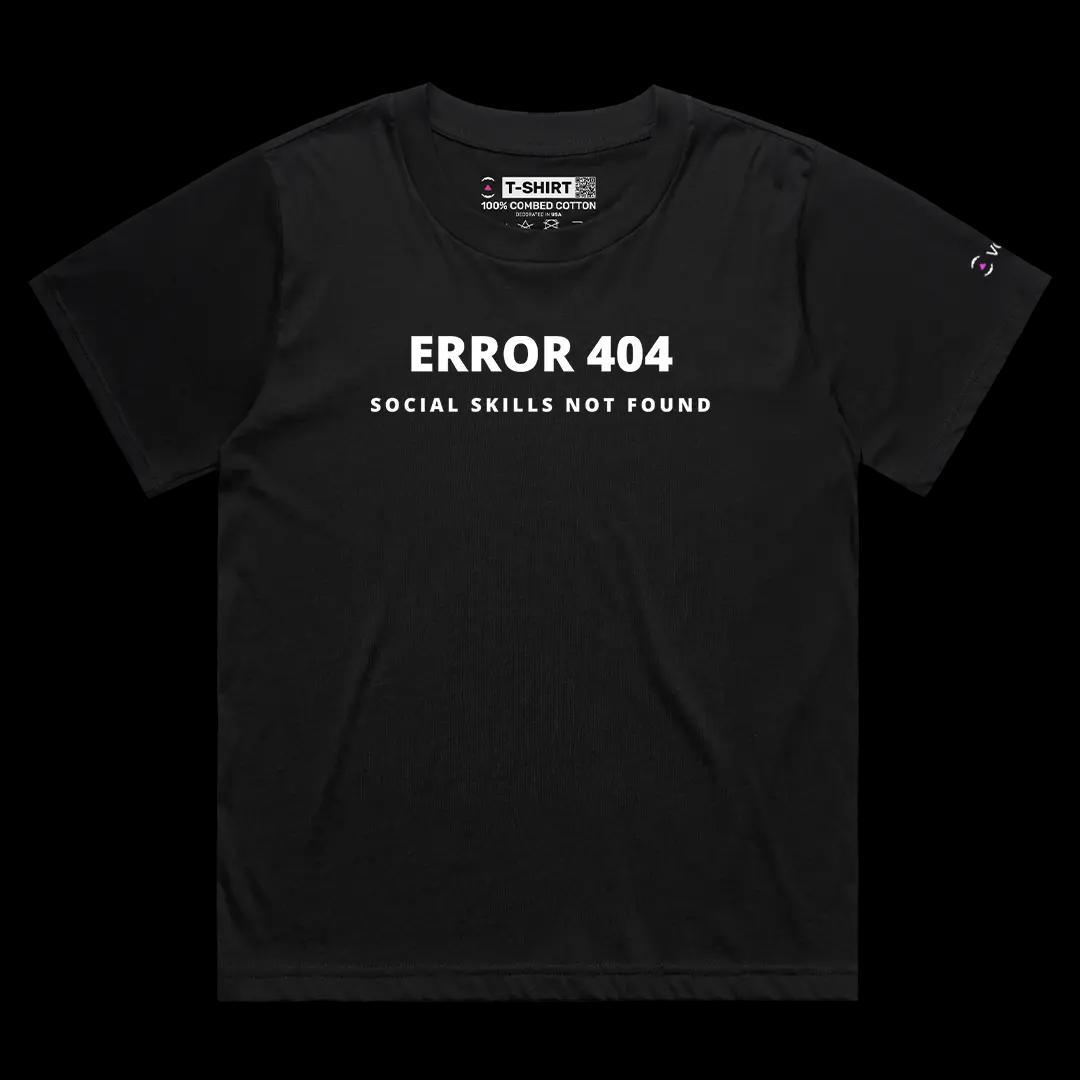 VOICEART Black Female Loose 404 Social Skills Not Found Funny Meme Tee with Sarcastic Joke Cotton TShirt for Men and Women