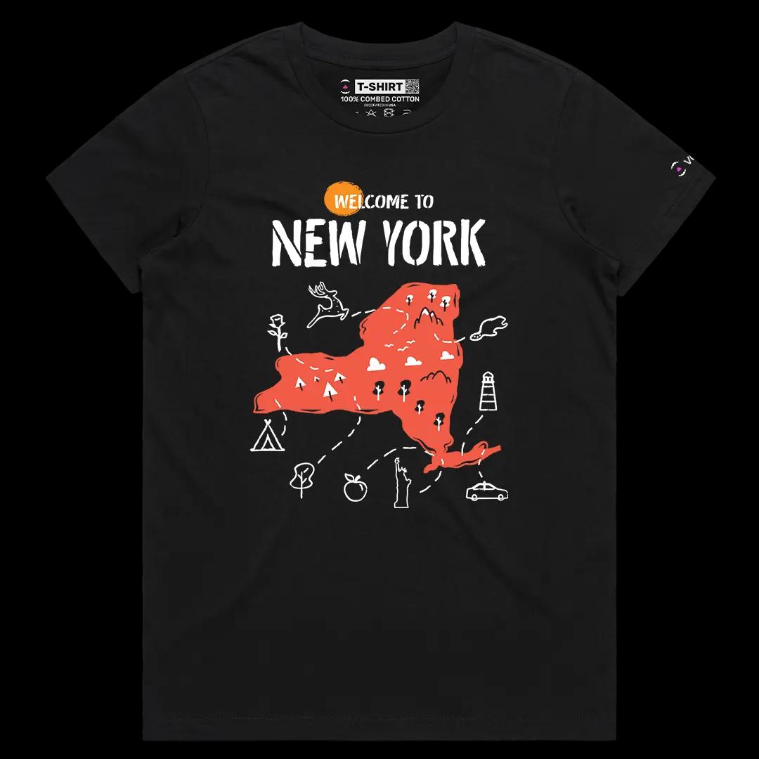 VOICEART Black Female Regular Welcome to New York Historical Graphic Tee Geography Map Cotton T-Shirt for Men and Women