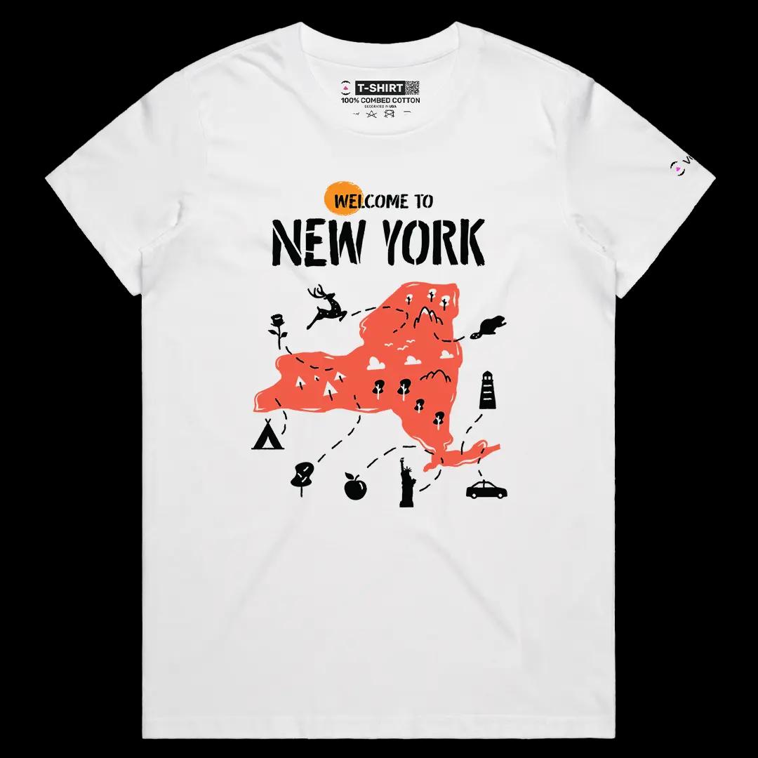 VOICEART White Female Regular Welcome to New York Historical Graphic Tee Geography Map Cotton T-Shirt for Men and Women