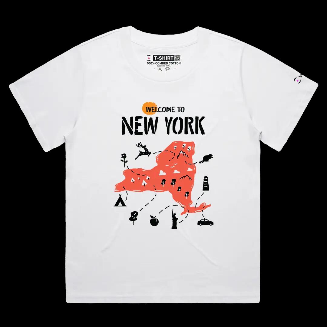 VOICEART White Female Loose Welcome to New York Historical Graphic Tee Geography Map Cotton T-Shirt for Men and Women