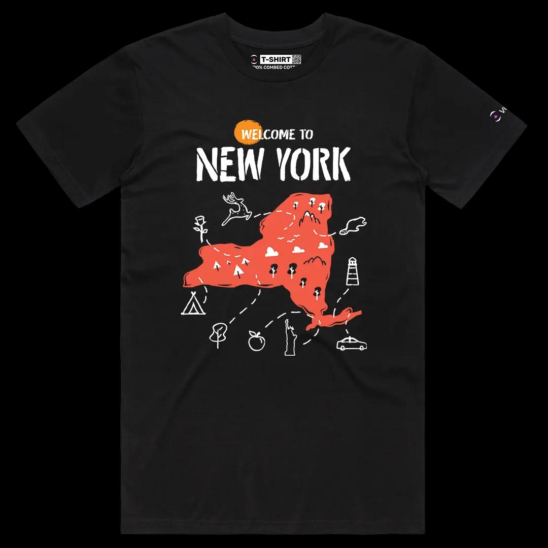 VOICEART Black Male Regular Welcome to New York Historical Graphic Tee Geography Map Cotton T-Shirt for Men and Women