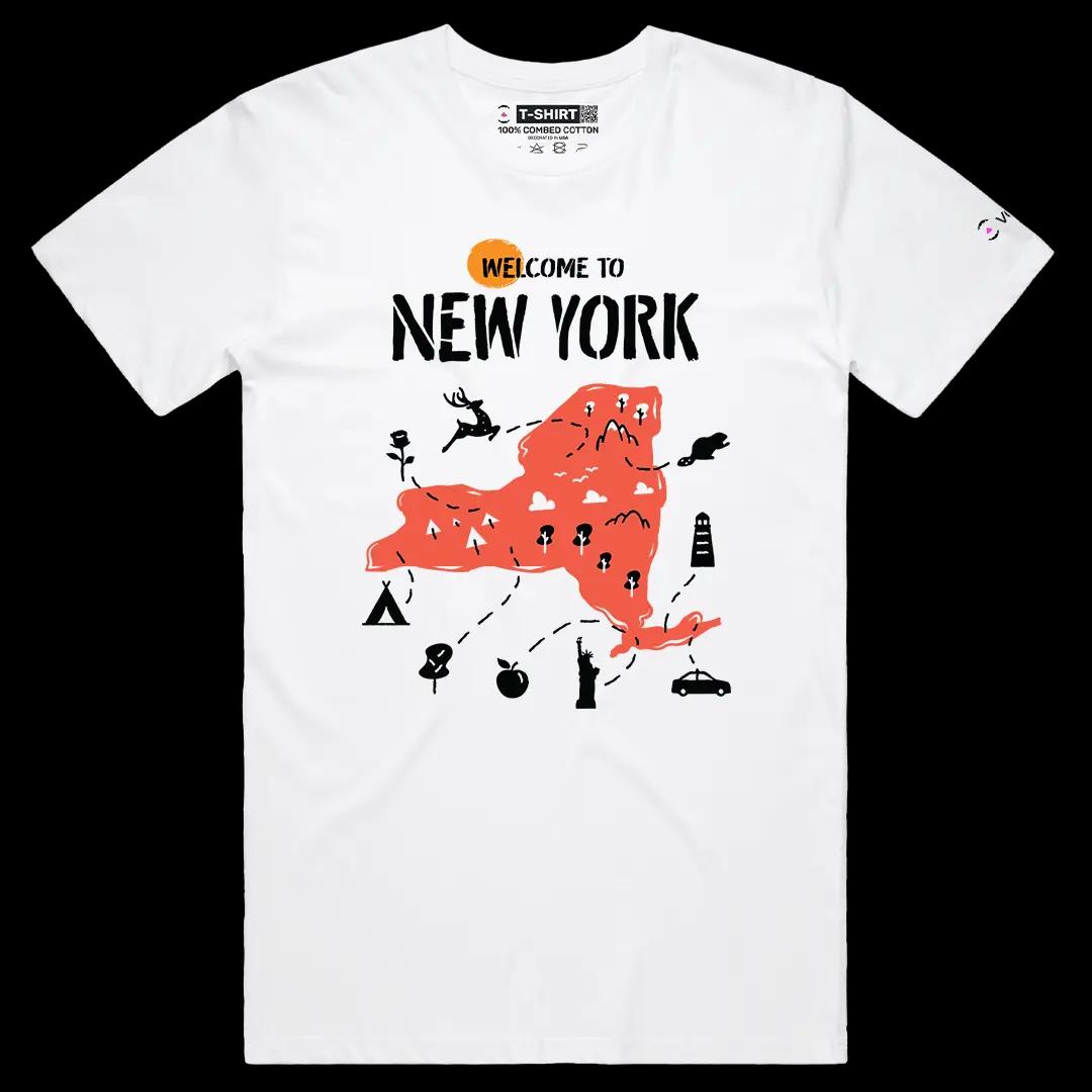 VOICEART White Male Regular Welcome to New York Historical Graphic Tee Geography Map Cotton T-Shirt for Men and Women