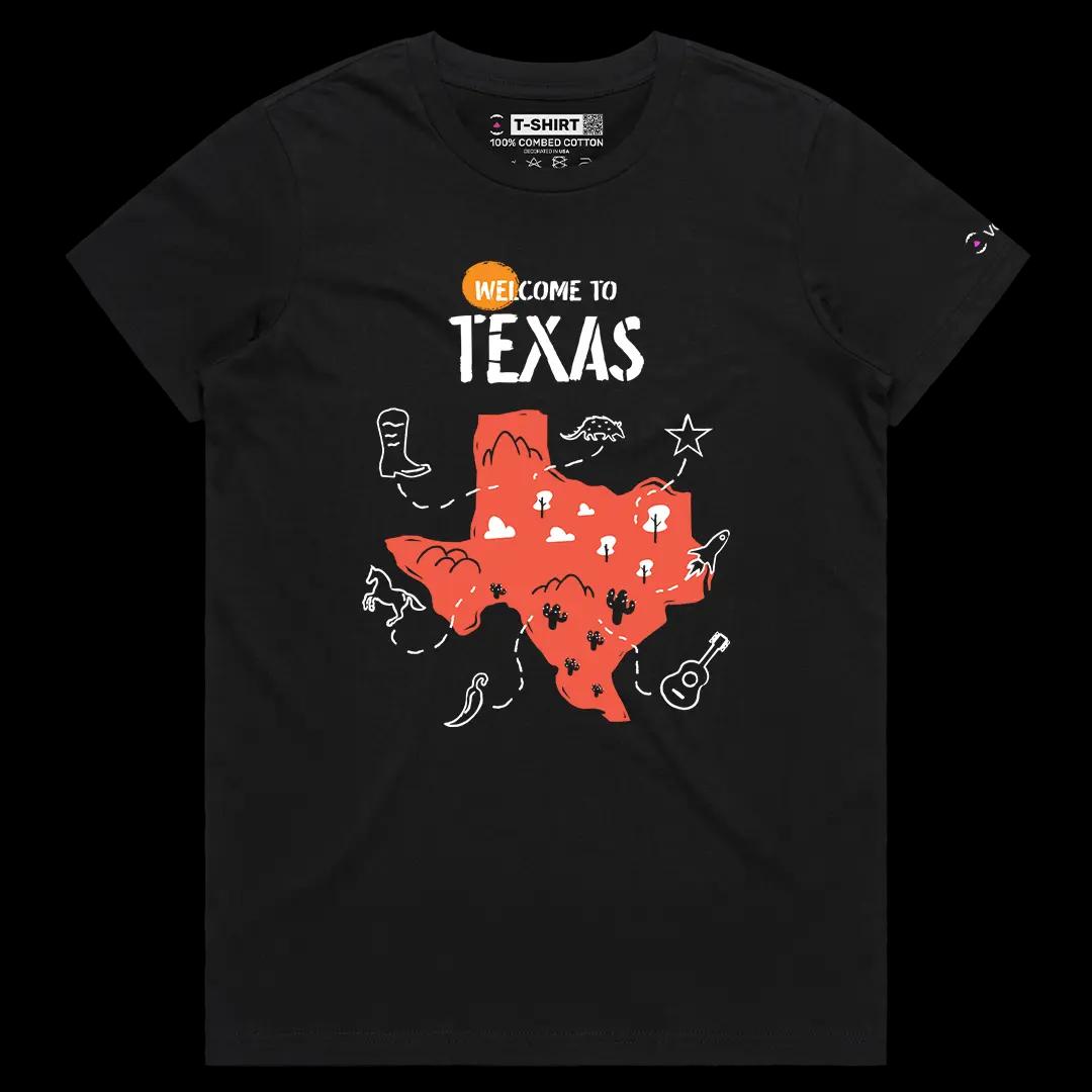 VOICEART Black Female Regular Welcome to Texas Historical Graphic Tee with Geography Map Short Sleeve Combed Cotton T-Shirt