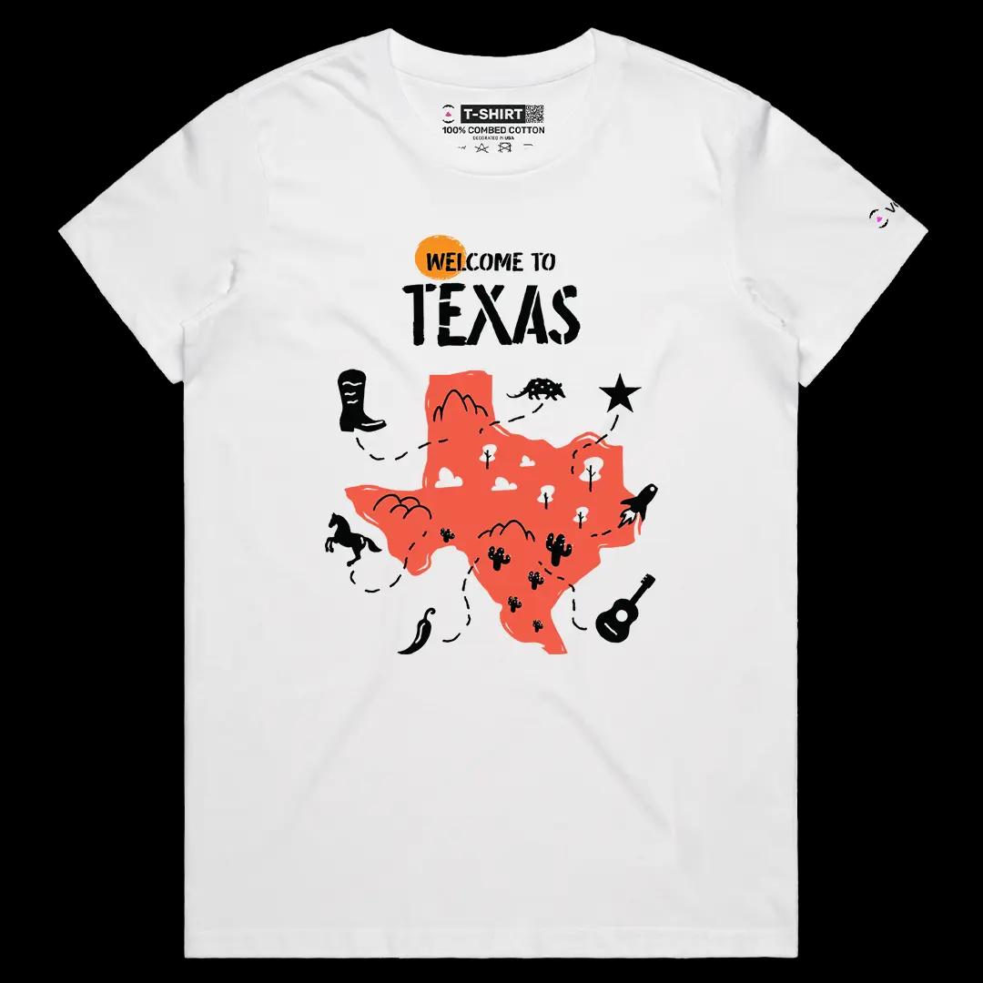 VOICEART White Female Regular Welcome to Texas Historical Graphic Tee with Geography Map Short Sleeve Combed Cotton T-Shirt