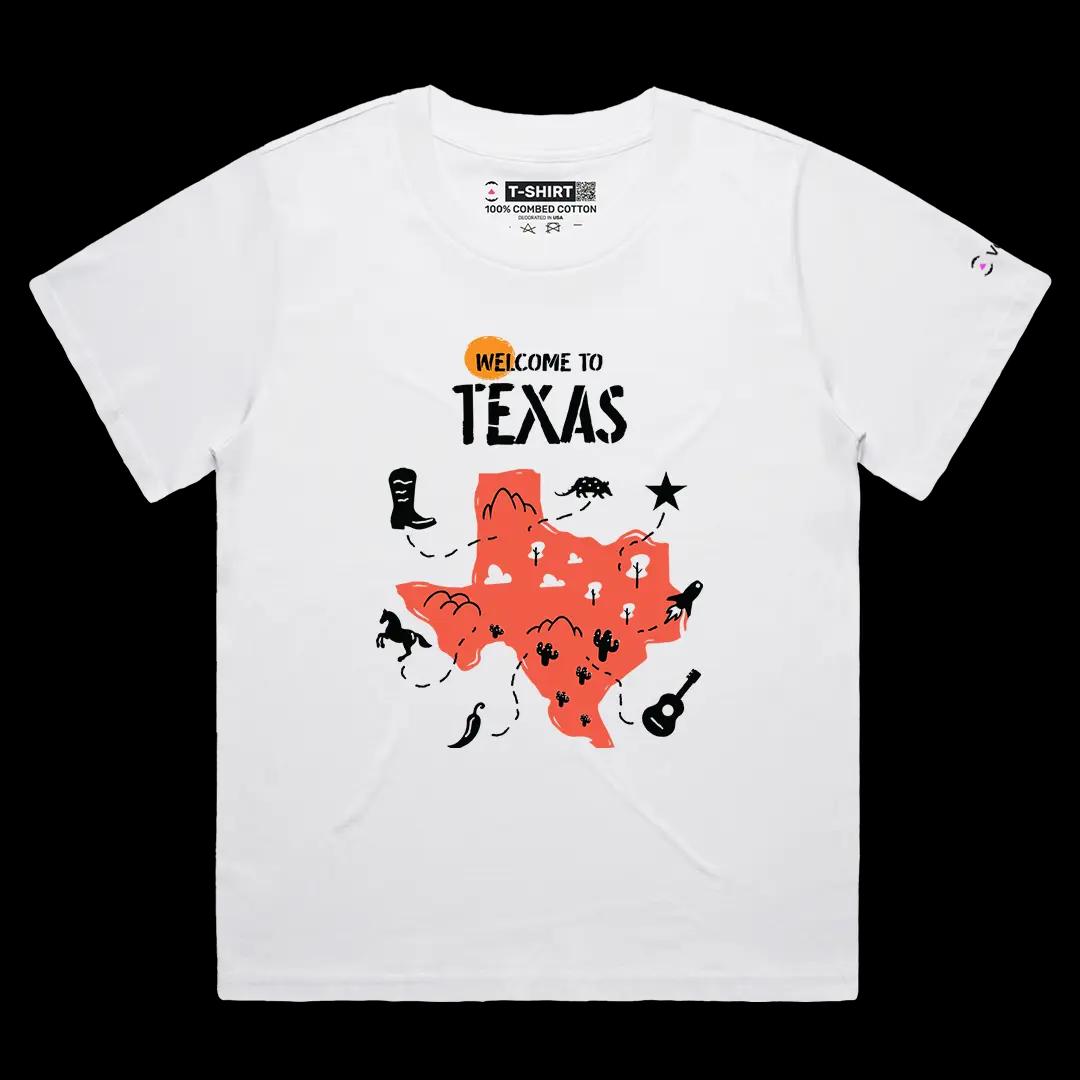 VOICEART White Female Loose Welcome to Texas Historical Graphic Tee with Geography Map Short Sleeve Combed Cotton T-Shirt