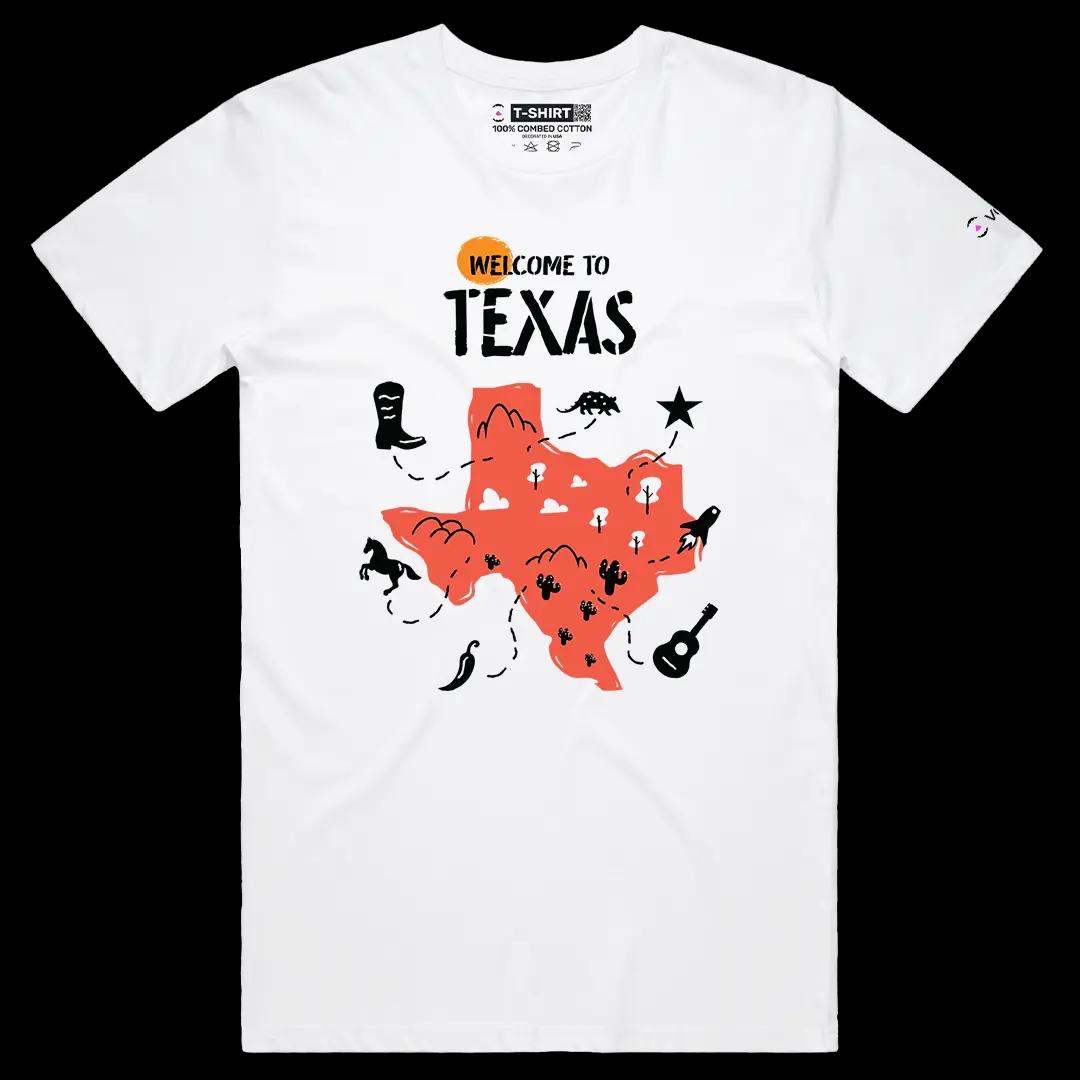 VOICEART White Male Regular Welcome to Texas Historical Graphic Tee with Geography Map Short Sleeve Combed Cotton T-Shirt