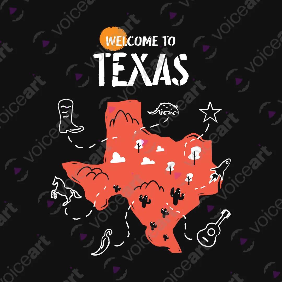 VOICEART Black Watermark Welcome to Texas Historical Graphic Tee with Geography Map Short Sleeve Combed Cotton T-Shirt