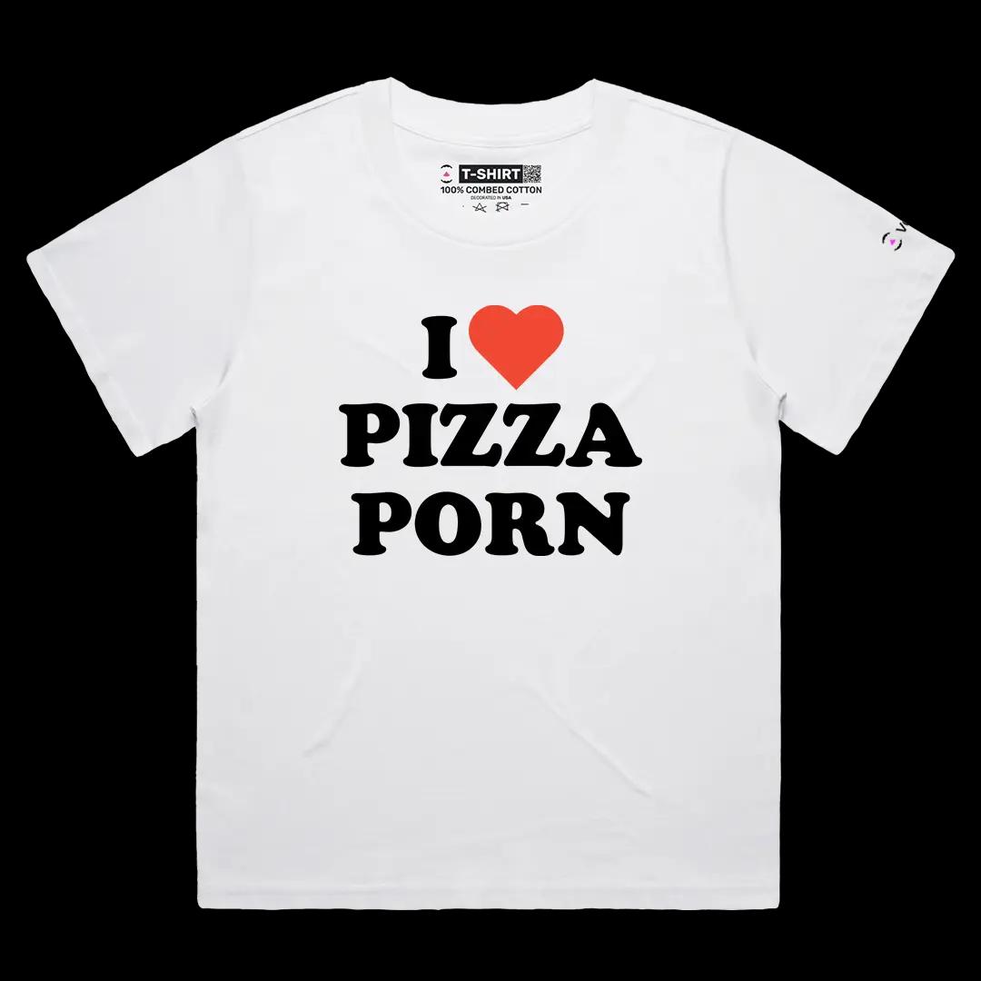 VOICEART White Female Loose I Love Pizza Porn Funny Graphic Meme Tee with Dark Humor Short Sleeve Cotton T-Shirt