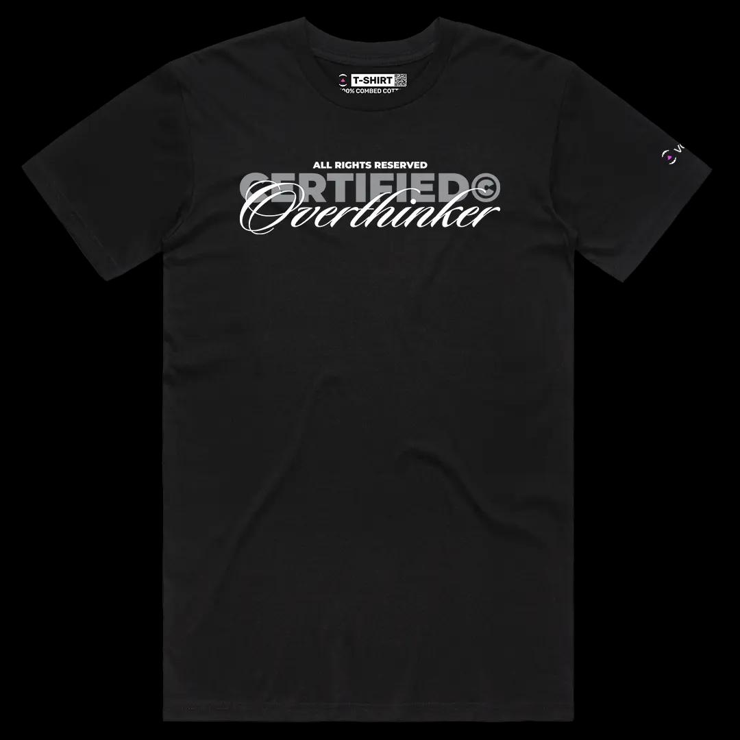 VOICEART Black Male Regular Certified Overthinker Funny Meme Tee with Sarcastic Joke Cotton T-Shirt for Men and Women