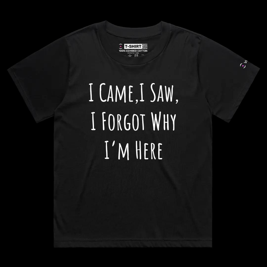 VOICEART Black Female Loose I Forgot Why I Am Here Funny Graphic Meme Tee with Sarcastic Joke Short Sleeve Cotton T-Shirt