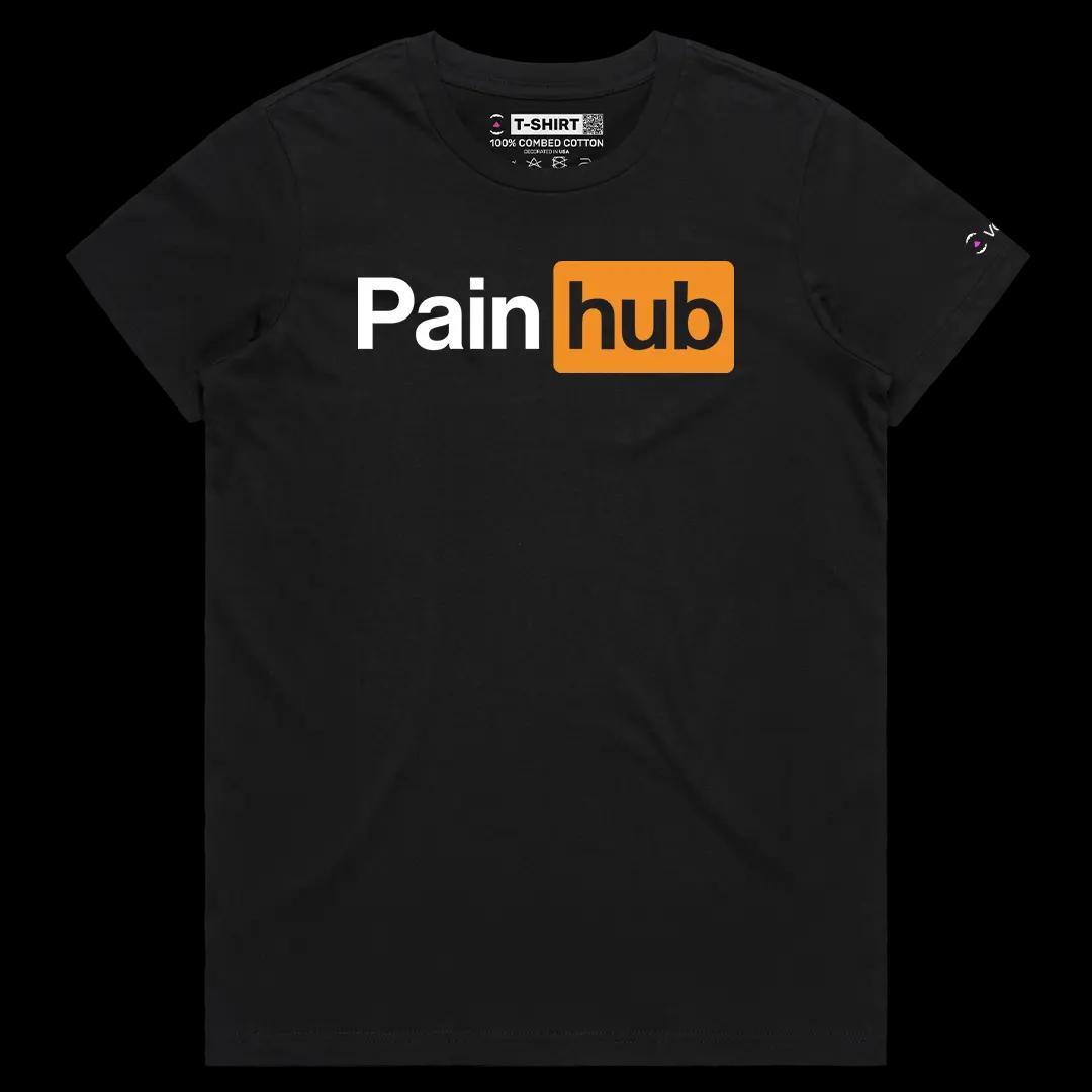 VOICEART Black Female Regular Pain Hub Funny Graphic Tee Sarcastic Joke Short Sleeve Combed Cotton T-Shirt for Men and Women