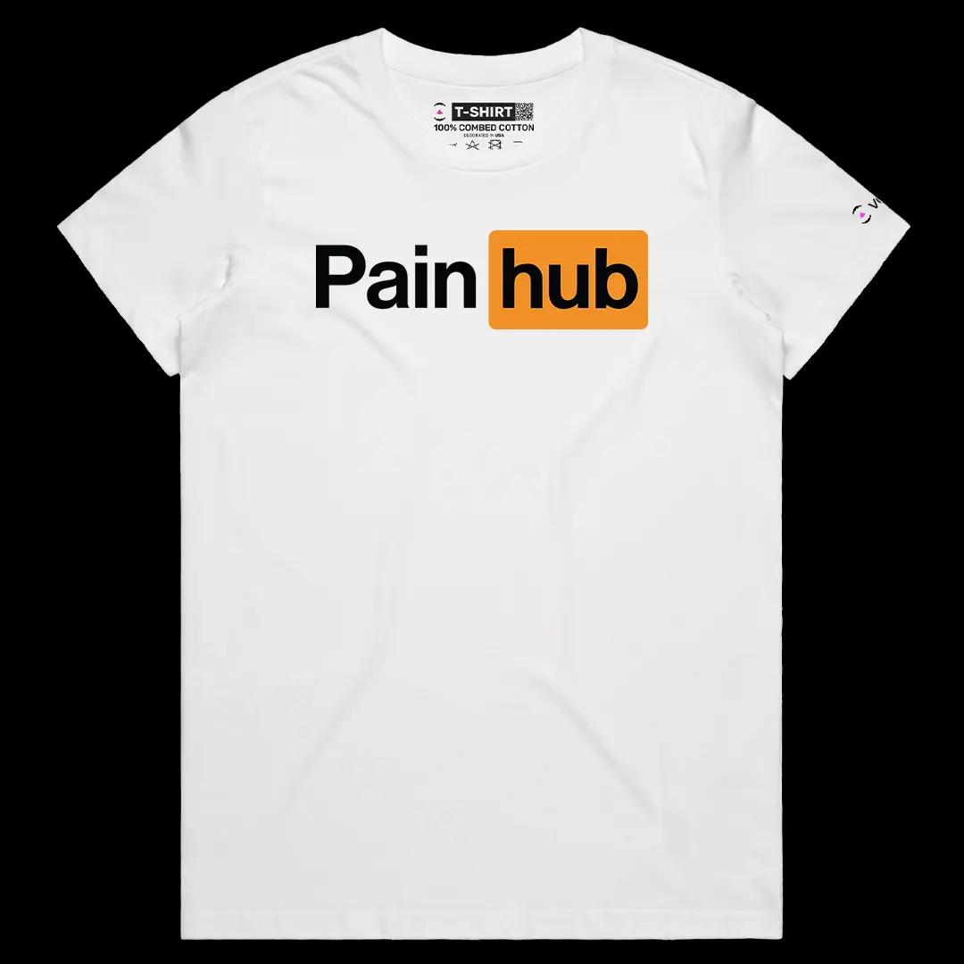 VOICEART White Female Regular Pain Hub Funny Graphic Tee Sarcastic Joke Short Sleeve Combed Cotton T-Shirt for Men and Women