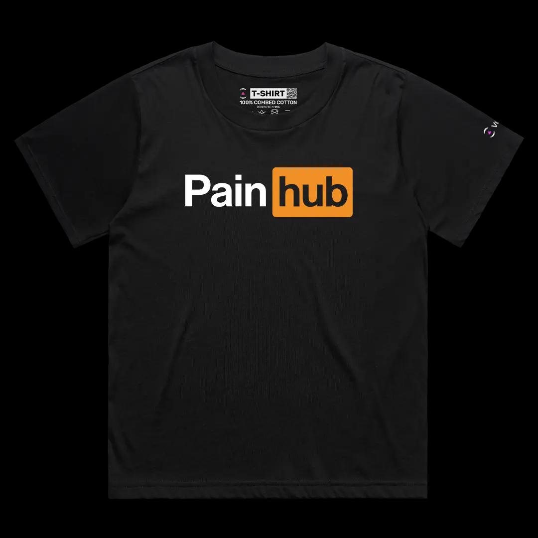 VOICEART Black Female Loose Pain Hub Funny Graphic Tee Sarcastic Joke Short Sleeve Combed Cotton T-Shirt for Men and Women