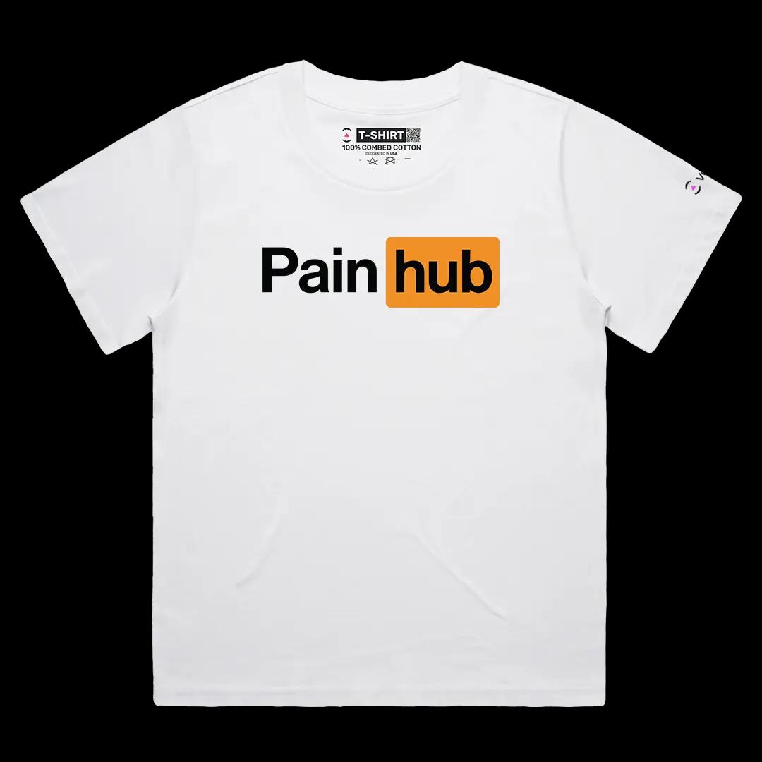 VOICEART White Female Loose Pain Hub Funny Graphic Tee Sarcastic Joke Short Sleeve Combed Cotton T-Shirt for Men and Women