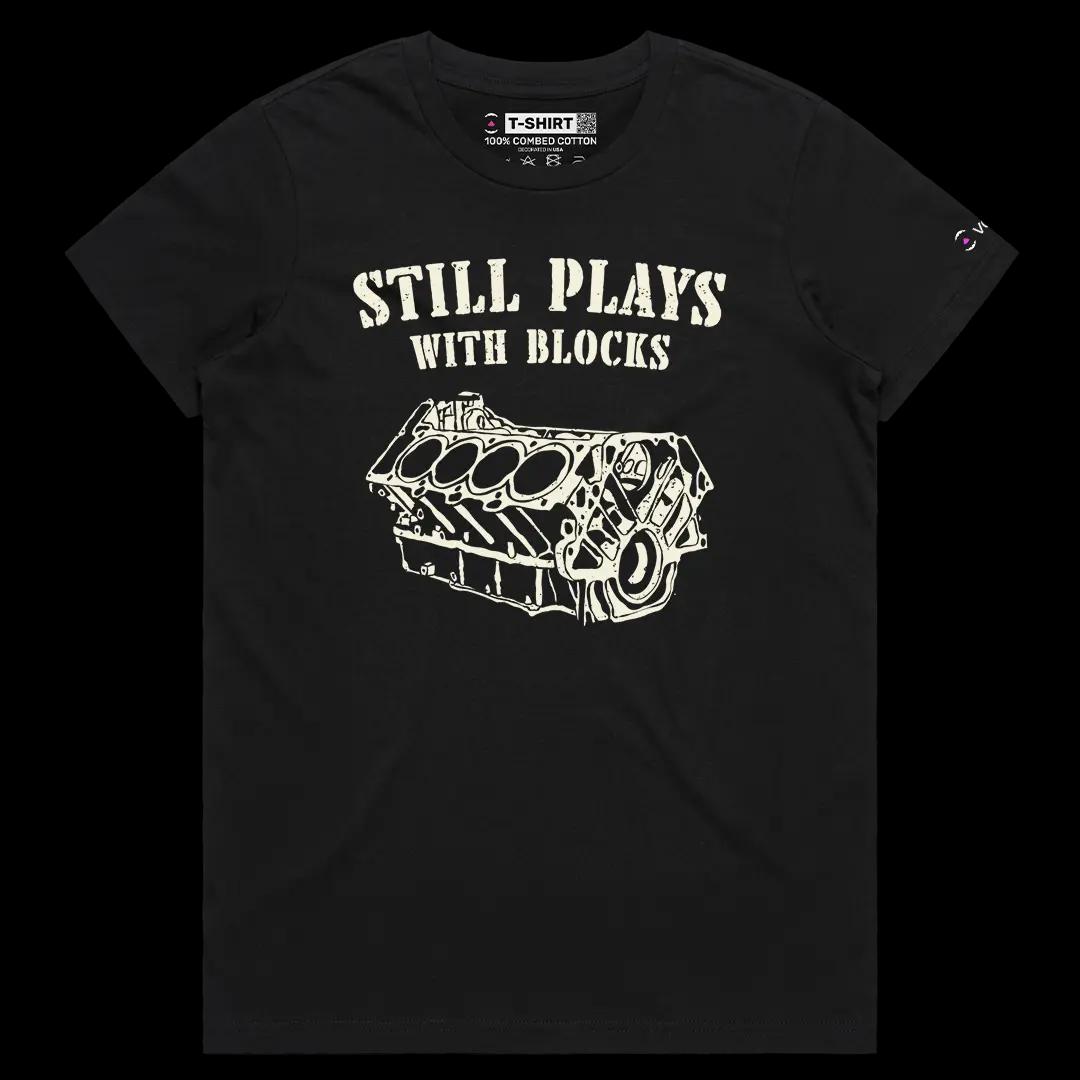 VOICEART Black Female Regular Still Plays with Blocks Funny Graphic Tee for Car Lovers Short Sleeve Cotton T-Shirt