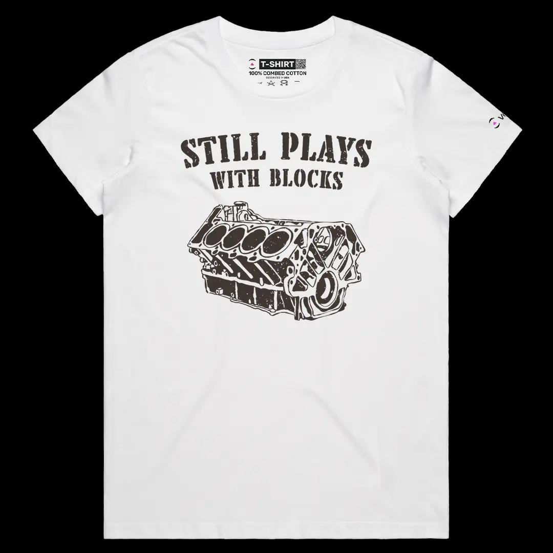 VOICEART White Female Regular Still Plays with Blocks Funny Graphic Tee for Car Lovers Short Sleeve Cotton T-Shirt