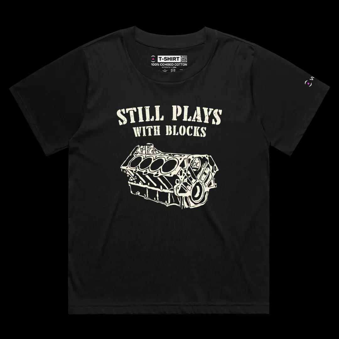 VOICEART Black Female Loose Still Plays with Blocks Funny Graphic Tee for Car Lovers Short Sleeve Cotton T-Shirt