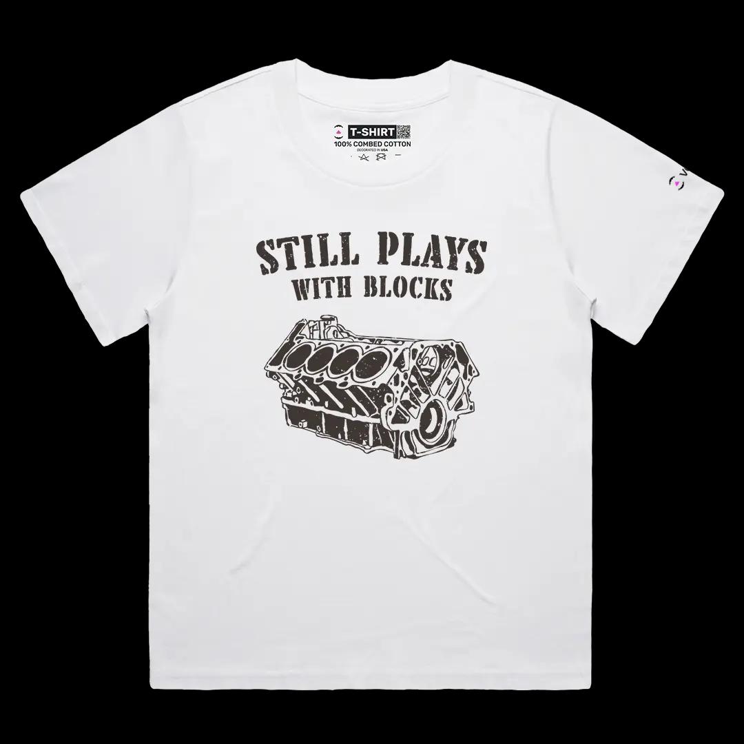 VOICEART White Female Loose Still Plays with Blocks Funny Graphic Tee for Car Lovers Short Sleeve Cotton T-Shirt