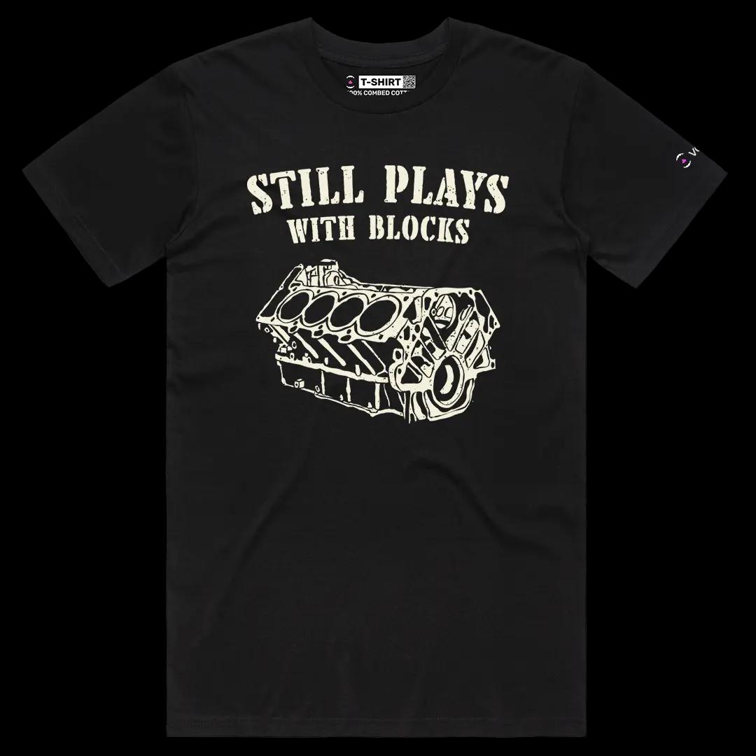 VOICEART Black Male Regular Still Plays with Blocks Funny Graphic Tee for Car Lovers Short Sleeve Cotton T-Shirt