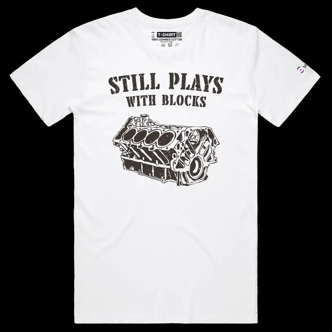VOICEART White Male Regular Still Plays with Blocks Funny Graphic Tee for Car Lovers Short Sleeve Cotton T-Shirt