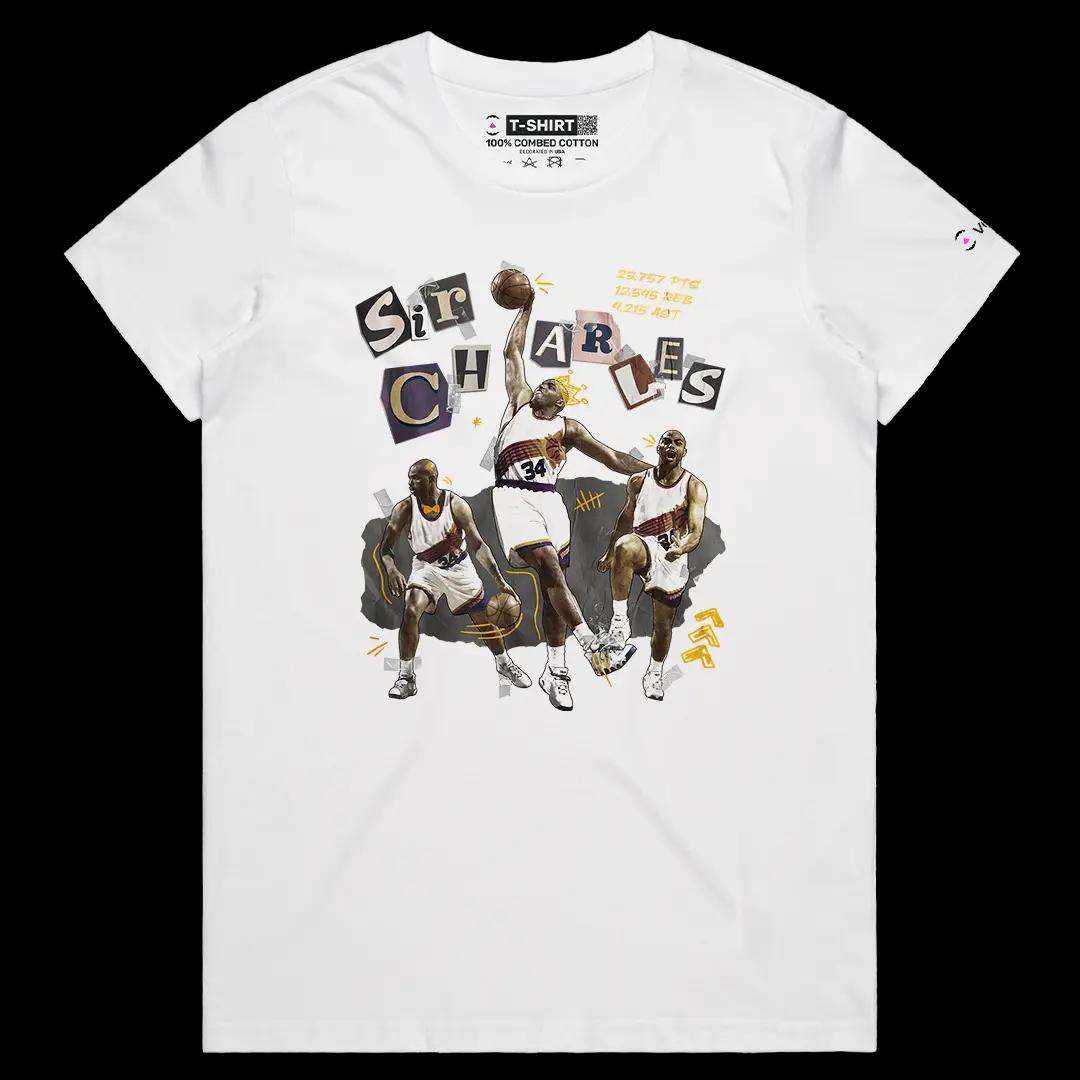 VOICEART White Female Regular Vintage Sir Charles Barkley Sports Graphic Tee Basketball Fans Short T-Shirt for Men and Women