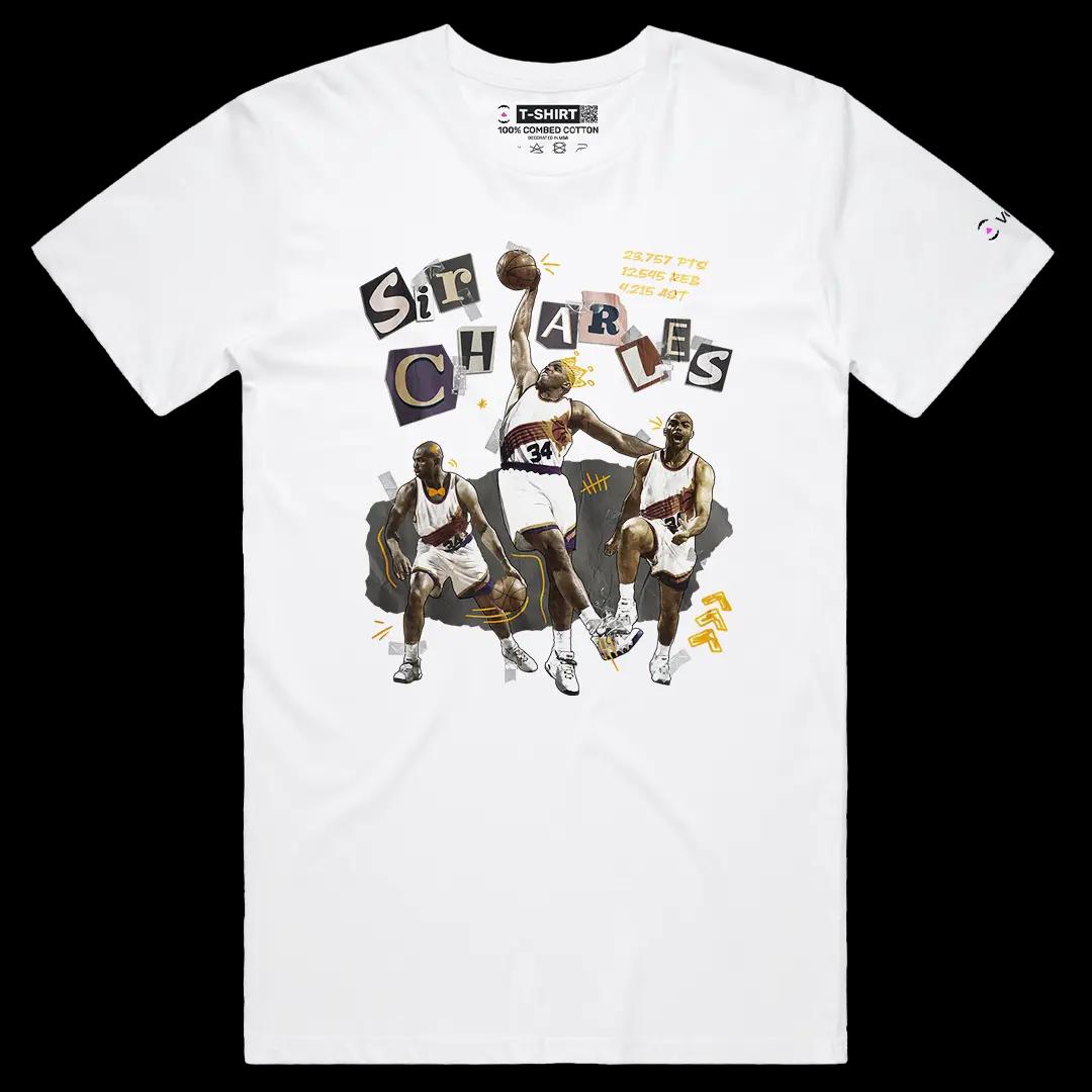 VOICEART White Male Regular Vintage Sir Charles Barkley Sports Graphic Tee Basketball Fans Short T-Shirt for Men and Women
