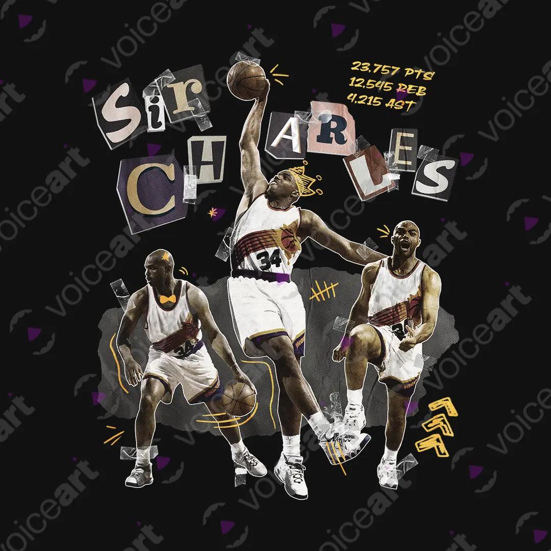 VOICEART Black Watermark Vintage Sir Charles Barkley Sports Graphic Tee Basketball Fans Short T-Shirt for Men and Women