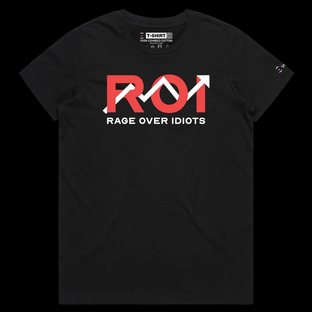 VOICEART Black Female Regular ROI Rage Over Idiots Funny Graphic Meme Tee with Sarcastic Joke Short Sleeve Cotton T-Shirt