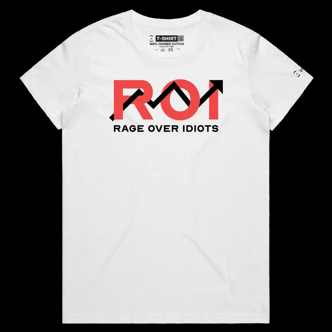 VOICEART White Female Regular ROI Rage Over Idiots Funny Graphic Meme Tee with Sarcastic Joke Short Sleeve Cotton T-Shirt