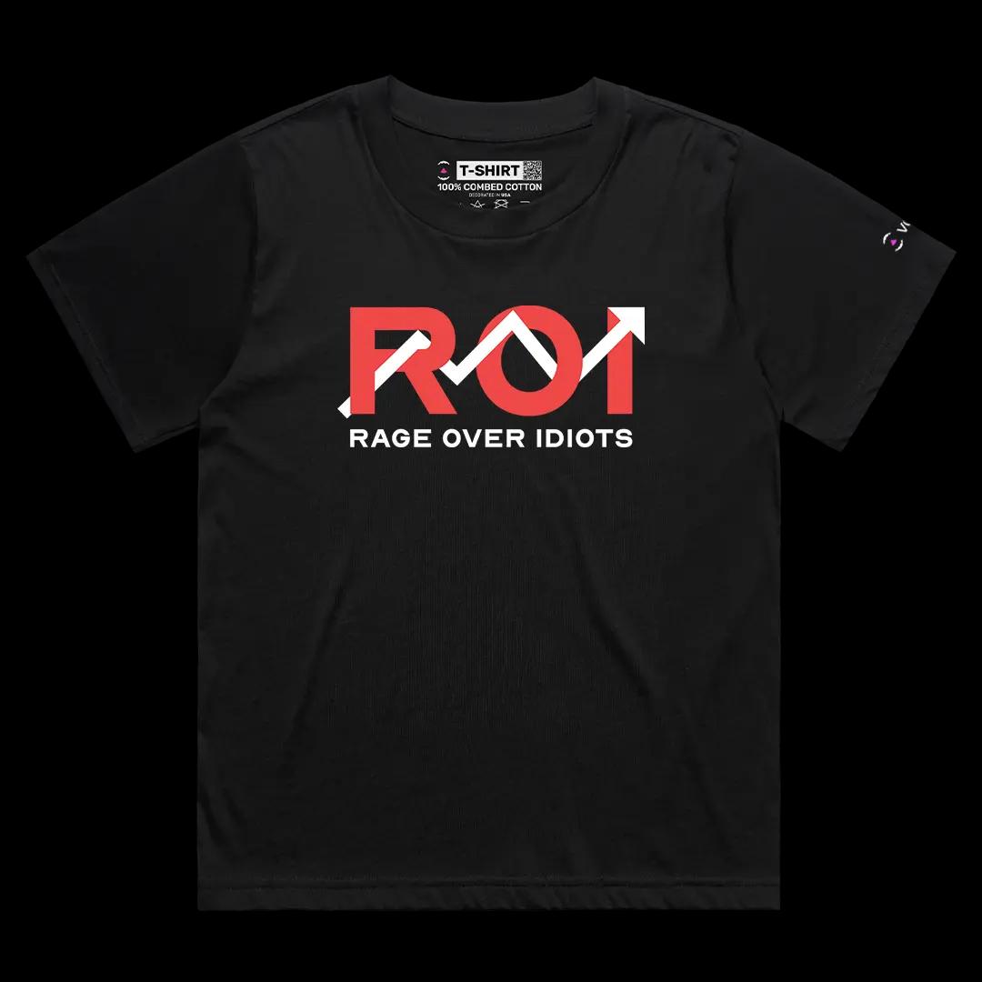 VOICEART Black Female Loose ROI Rage Over Idiots Funny Graphic Meme Tee with Sarcastic Joke Short Sleeve Cotton T-Shirt