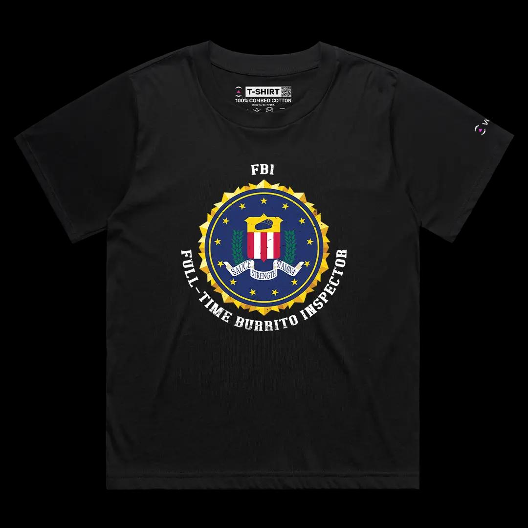 VOICEART Black Female Loose FBI Full Time Burrito Inspector Funny Graphic Tee with a Meme Short Sleeve Cotton T-Shirt